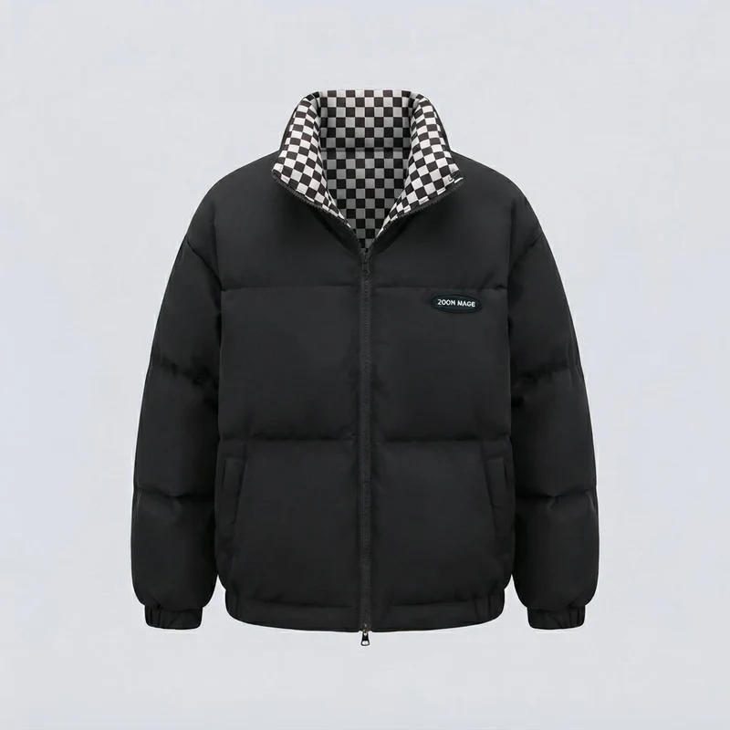 Damen kurze thermische Pufferjacke mit kariertem Wendefutter und hohem Stehkragen