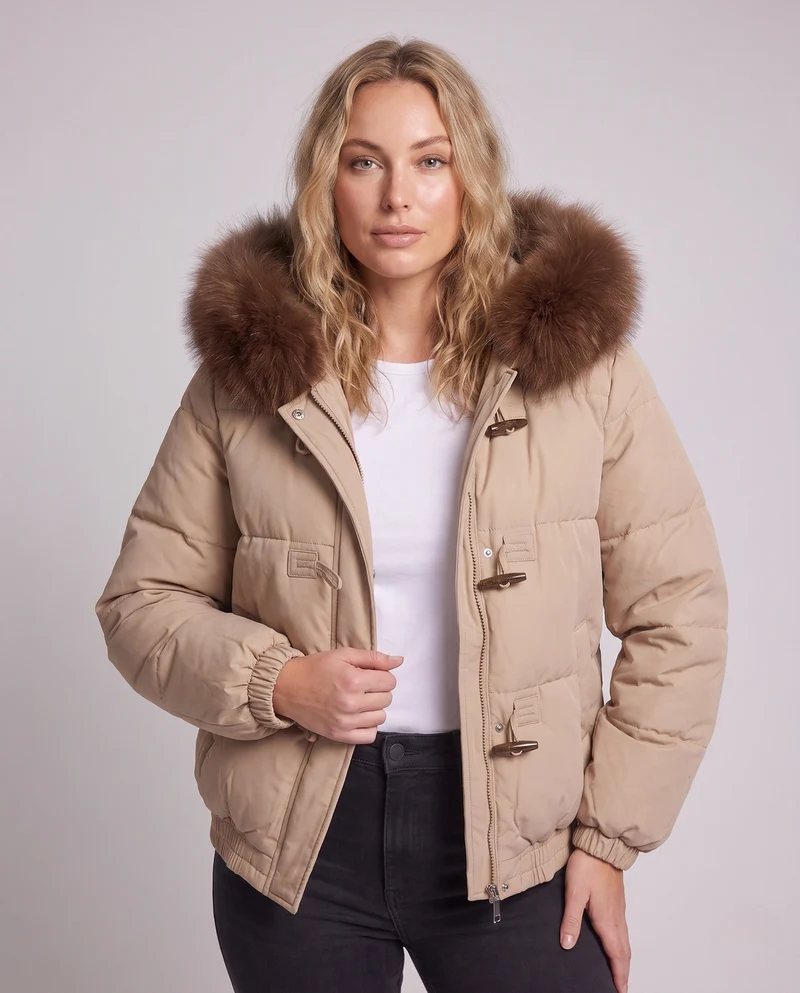 Damen Nan Short Thermojacke mit voluminösem Kunstfellkapuze, Toggle-Verschlüssen und elastischem Saum