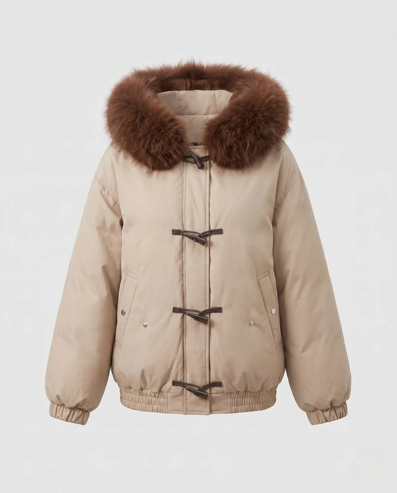 Damen Nan Short Thermojacke mit voluminösem Kunstfellkapuze, Toggle-Verschlüssen und elastischem Saum