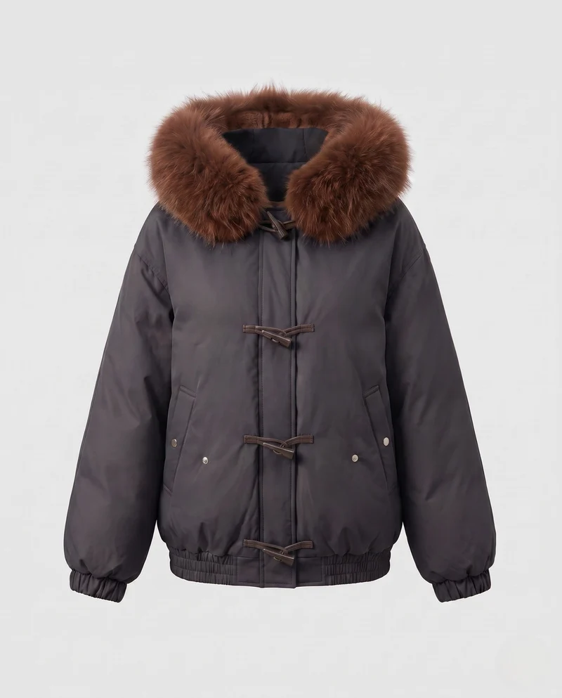 Damen Nan Short Thermojacke mit voluminösem Kunstfellkapuze, Toggle-Verschlüssen und elastischem Saum