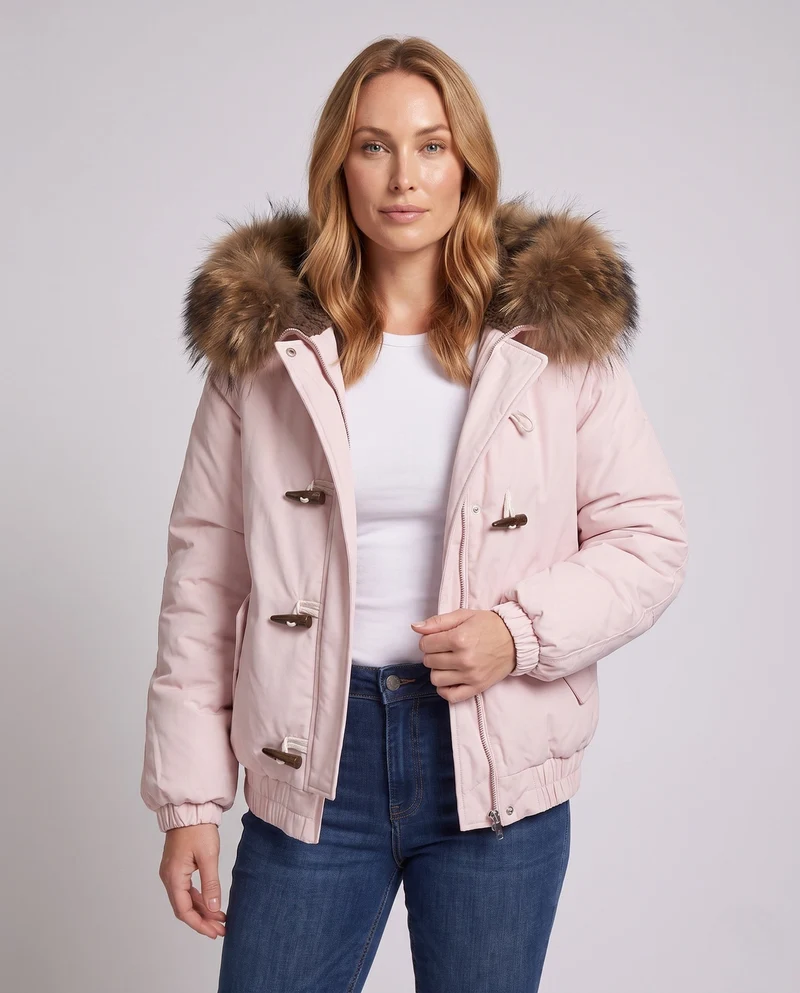 Damen Nano Short Thermo Bomber mit abnehmbarem Kunstfellkragen und Teddy-Hood-Futter