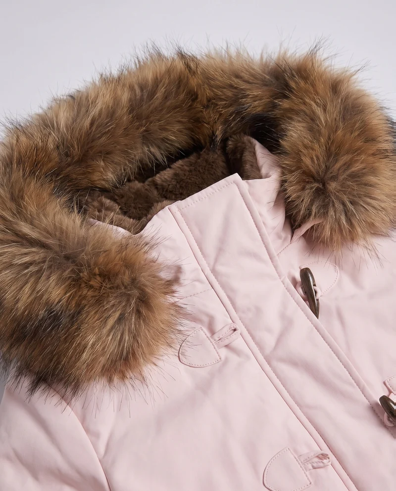 Damen Nano Short Thermo Bomber mit abnehmbarem Kunstfellkragen und Teddy-Hood-Futter