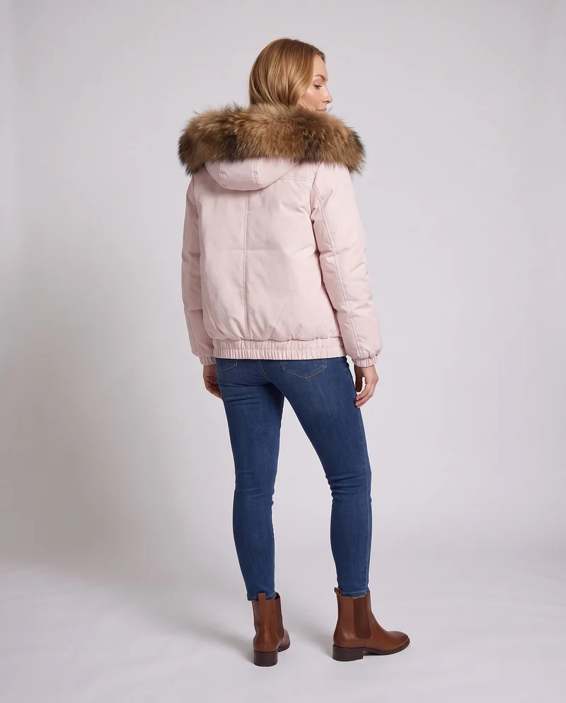 Damen Nano Short Thermo Bomber mit abnehmbarem Kunstfellkragen und Teddy-Hood-Futter