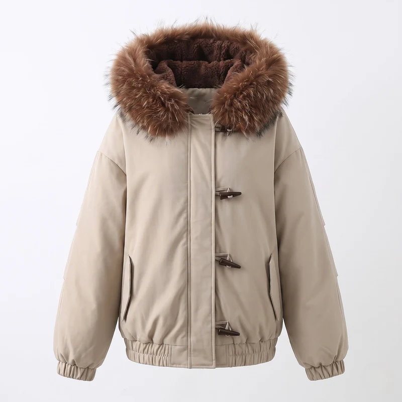 Damen Nano Short Thermo Bomber mit abnehmbarem Kunstfellkragen und Teddy-Hood-Futter