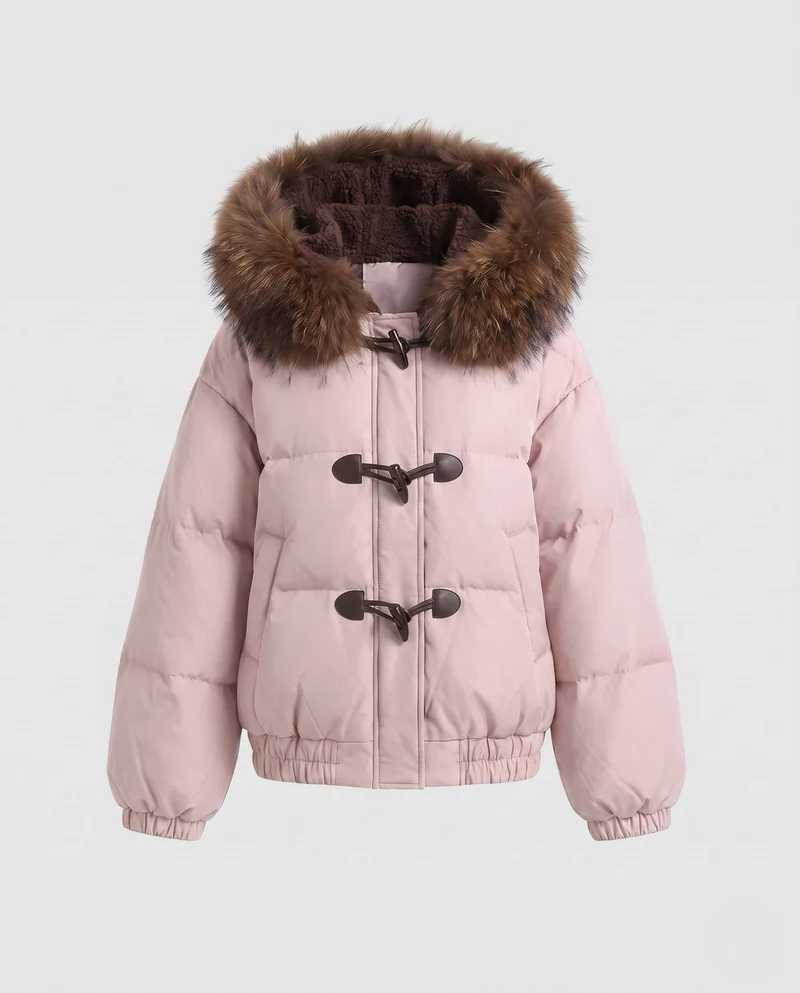Damen Nano Short Thermo Bomber mit abnehmbarem Kunstfellkragen und Teddy-Hood-Futter