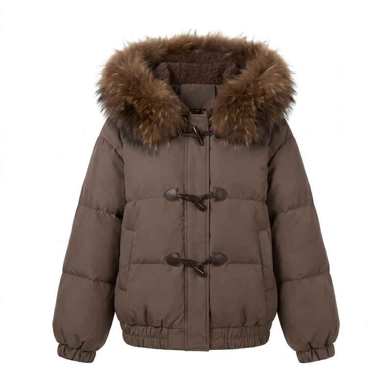 Damen Nano Short Thermo Bomber mit abnehmbarem Kunstfellkragen und Teddy-Hood-Futter
