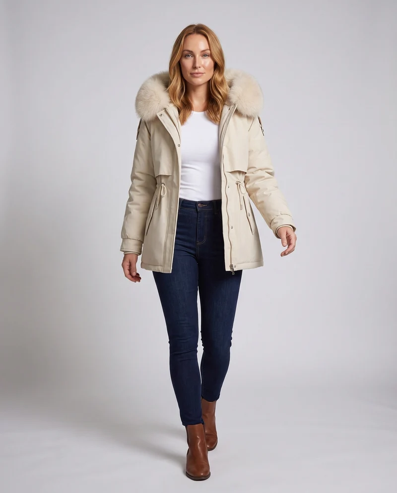Damen kurze thermische Parka mit abnehmbarer Kapuze, verstellbarem Kordelzug in der Taille und verdeckten Druckknöpfen