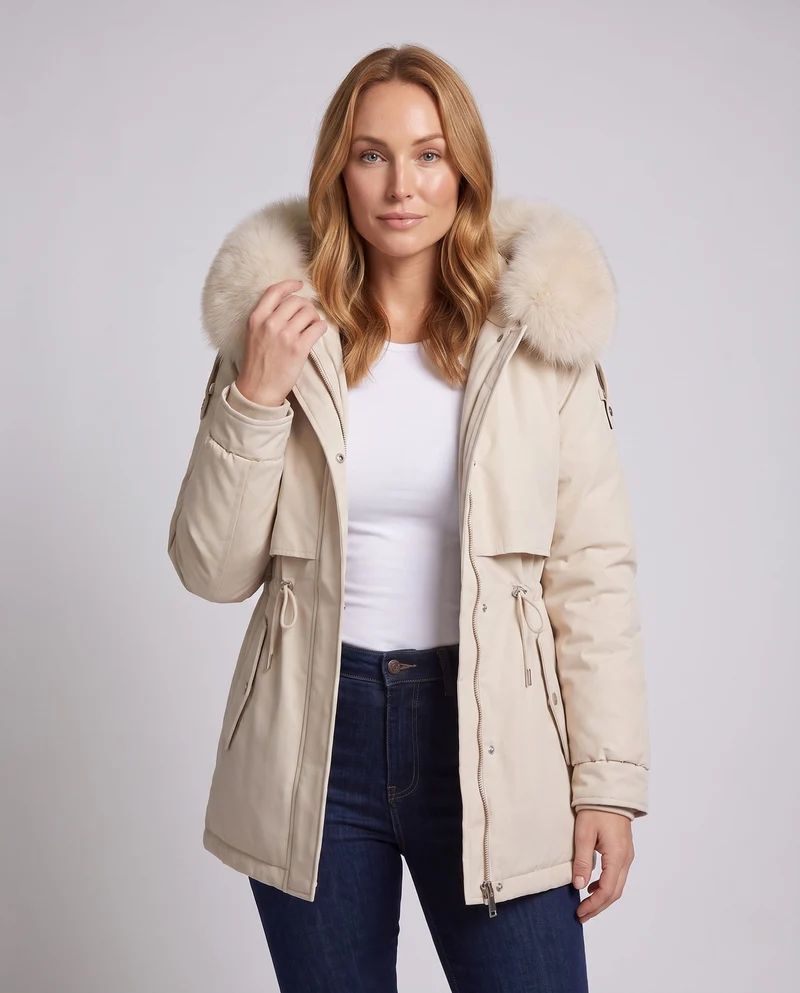 Damen kurze thermische Parka mit abnehmbarer Kapuze, verstellbarem Kordelzug in der Taille und verdeckten Druckknöpfen