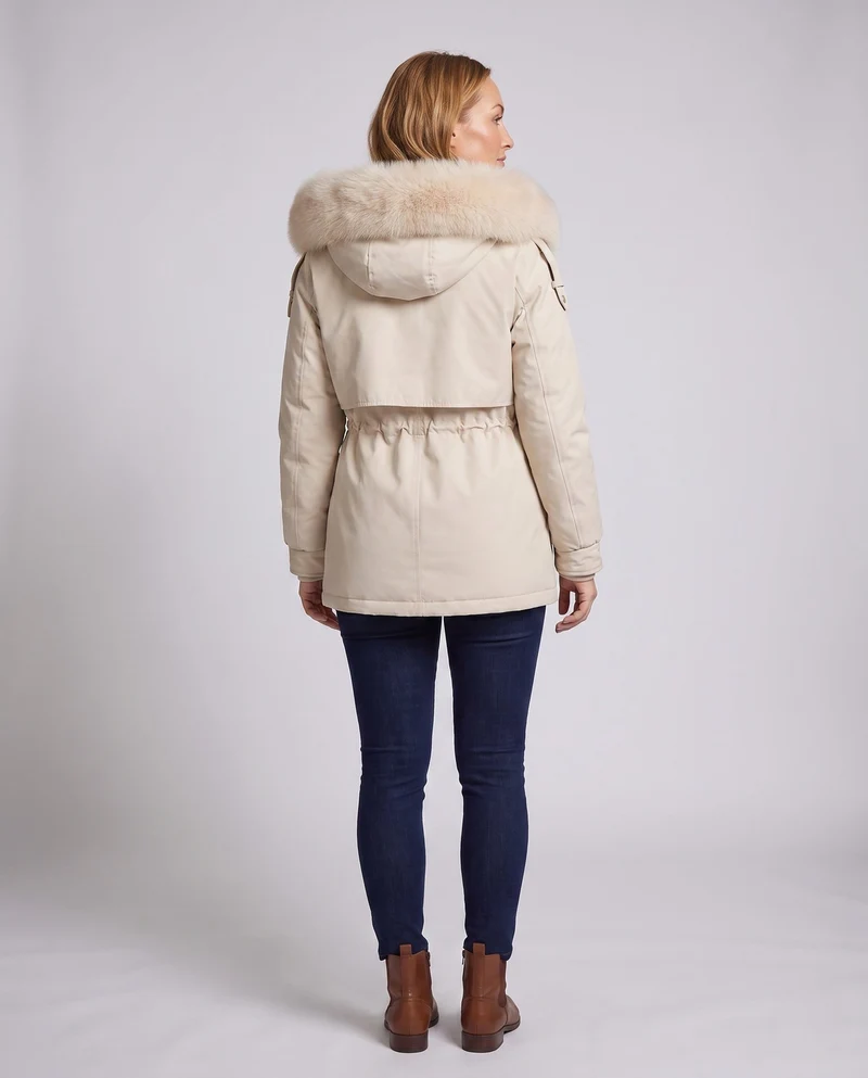 Damen kurze thermische Parka mit abnehmbarer Kapuze, verstellbarem Kordelzug in der Taille und verdeckten Druckknöpfen