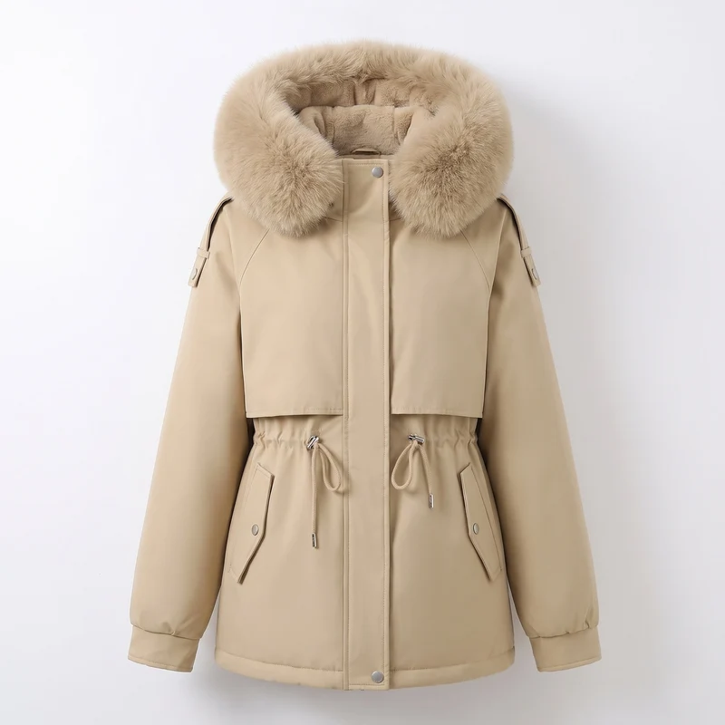 Damen kurze thermische Parka mit abnehmbarer Kapuze, verstellbarem Kordelzug in der Taille und verdeckten Druckknöpfen