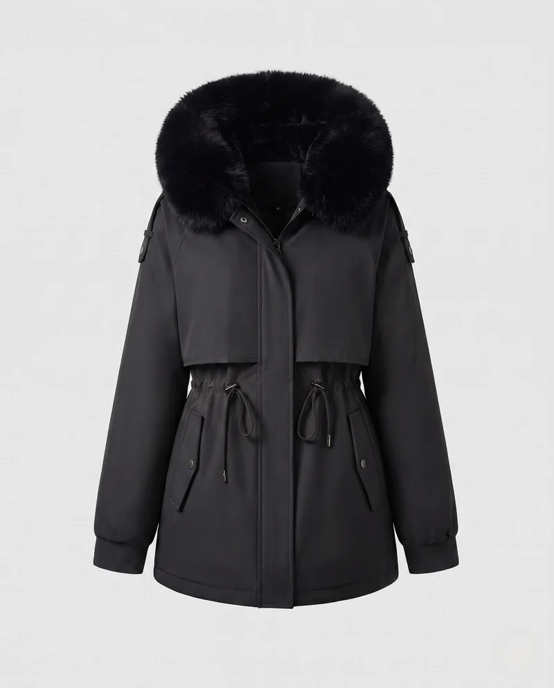 Damen kurze thermische Parka mit abnehmbarer Kapuze, verstellbarem Kordelzug in der Taille und verdeckten Druckknöpfen