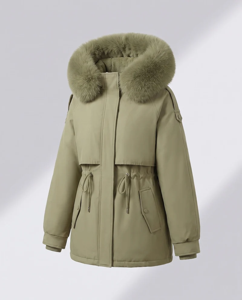 Damen kurze thermische Parka mit abnehmbarer Kapuze, verstellbarem Kordelzug in der Taille und verdeckten Druckknöpfen