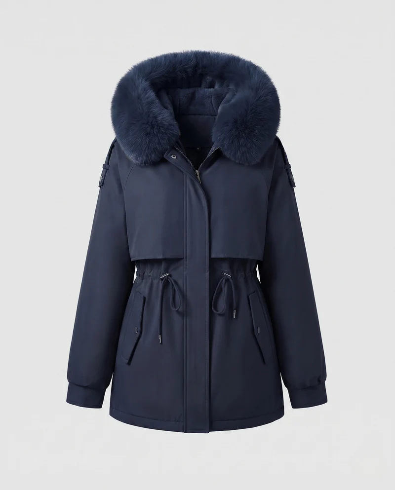 Damen kurze thermische Parka mit abnehmbarer Kapuze, verstellbarem Kordelzug in der Taille und verdeckten Druckknöpfen