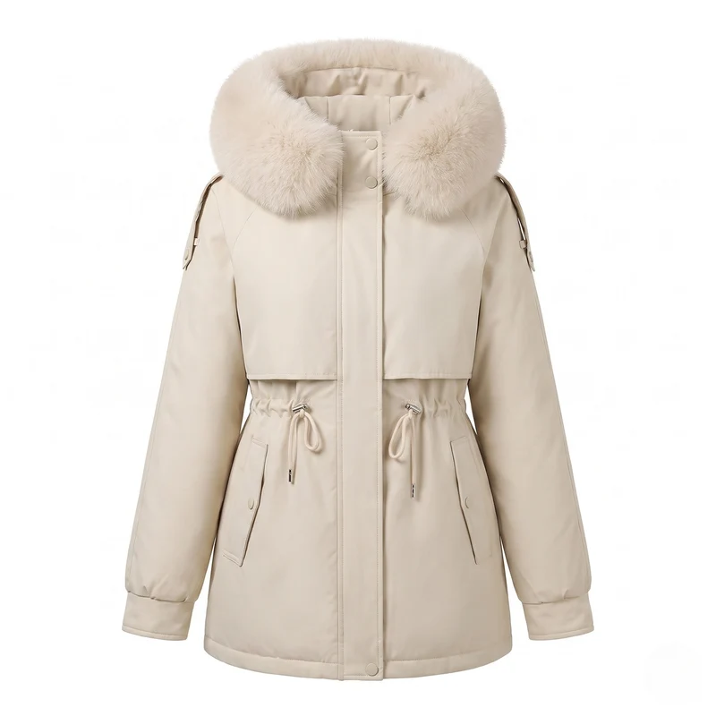Damen kurze thermische Parka mit abnehmbarer Kapuze, verstellbarem Kordelzug in der Taille und verdeckten Druckknöpfen