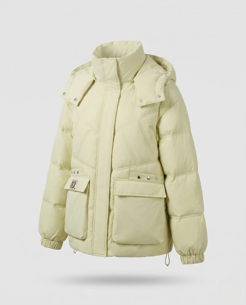 Damen Nan Kurz-Thermo-Parka mit übergroßer Kapuze, Klappentaschen und seitlichen Reißverschlussdetails