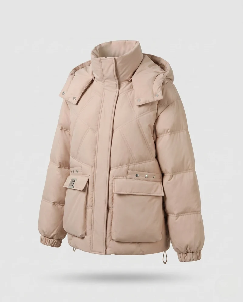 Damen Nan Kurz-Thermo-Parka mit übergroßer Kapuze, Klappentaschen und seitlichen Reißverschlussdetails