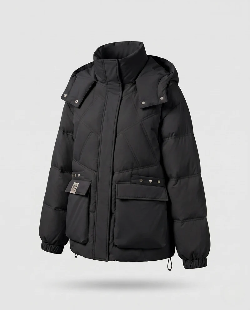 Damen Nan Kurz-Thermo-Parka mit übergroßer Kapuze, Klappentaschen und seitlichen Reißverschlussdetails