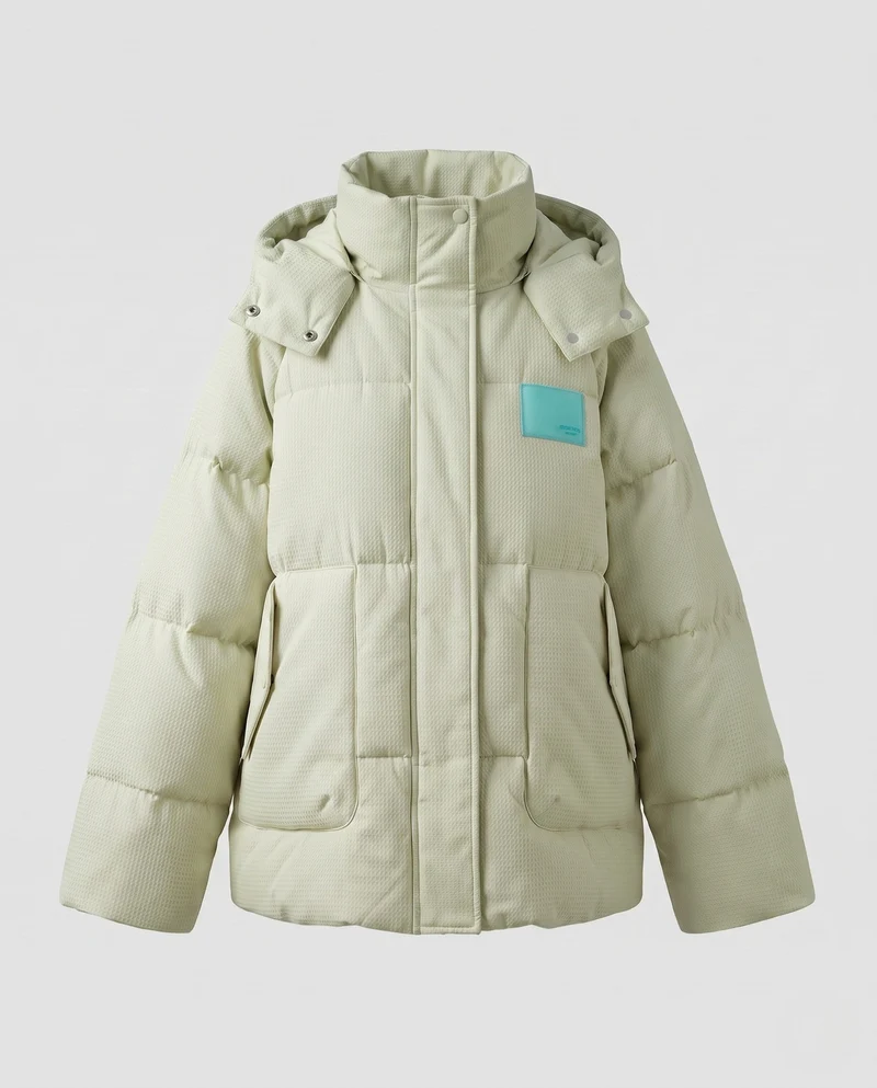 Damen kurze Thermo-Pufferjacke mit strukturiertem Mikrokaro-Stepp und ergonomischem Kapuzenkragen