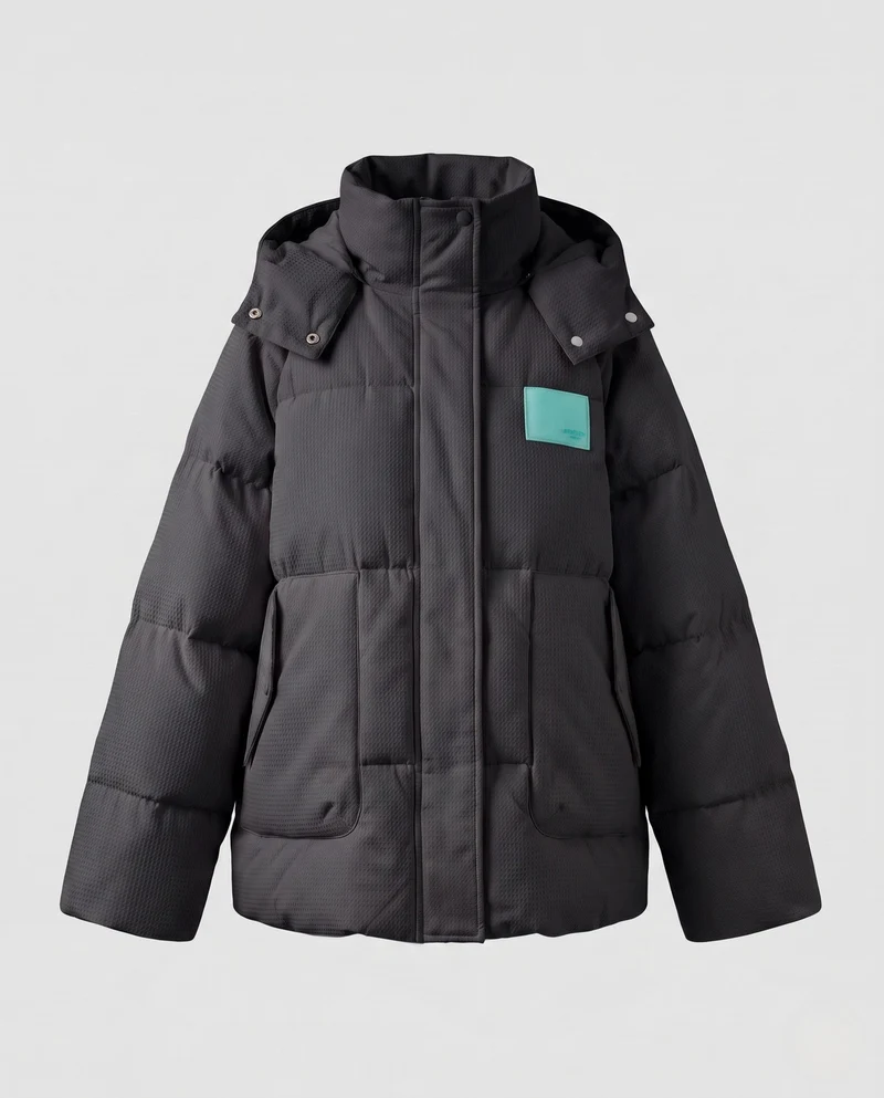 Damen kurze Thermo-Pufferjacke mit strukturiertem Mikrokaro-Stepp und ergonomischem Kapuzenkragen