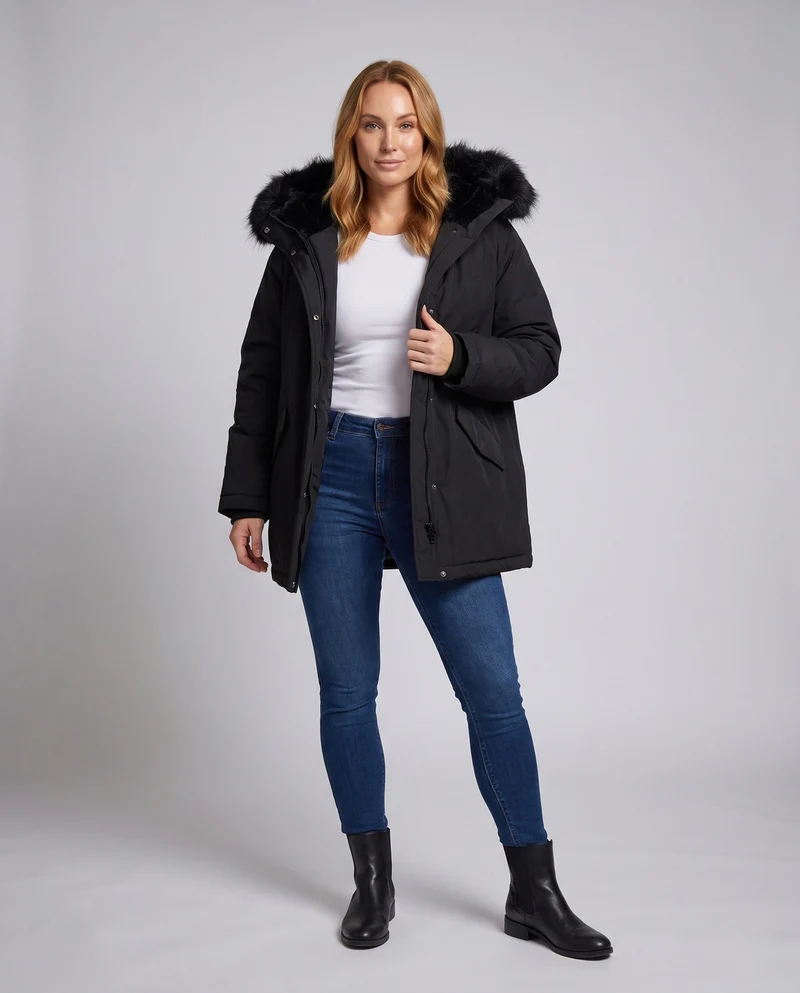 Damen kurze thermisch isolierte Kapuzenparka im boxy Schnitt mit abnehmbarem Kunstfellbesatz und multifunktionalen Taschen