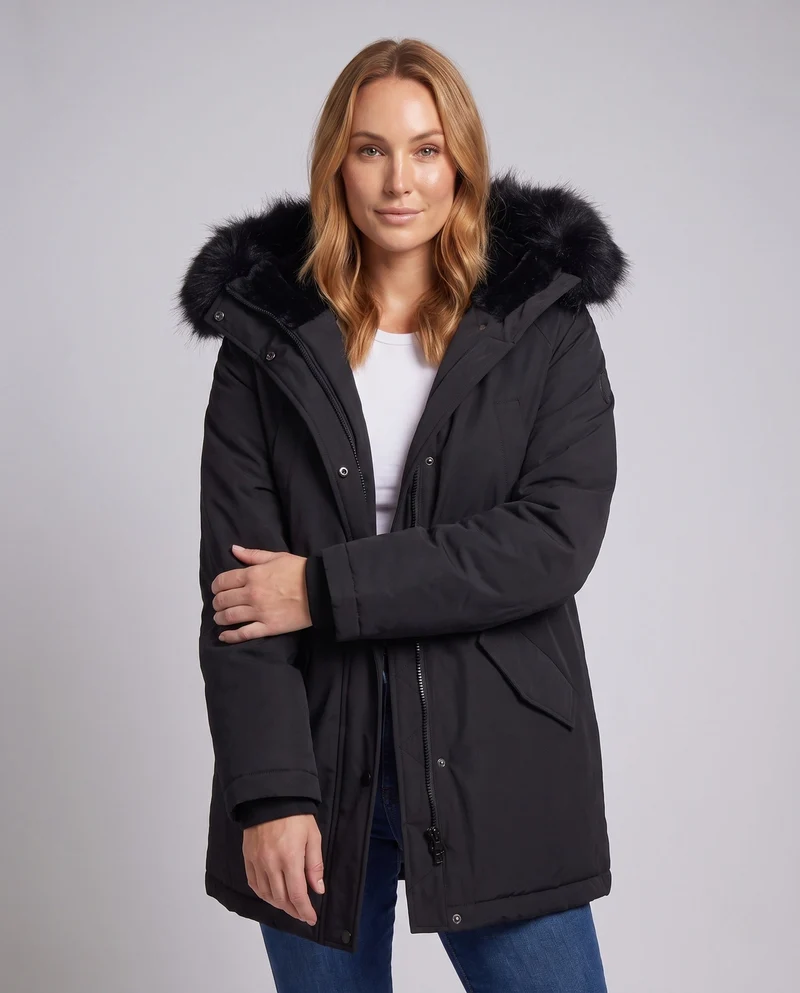 Damen kurze thermisch isolierte Kapuzenparka im boxy Schnitt mit abnehmbarem Kunstfellbesatz und multifunktionalen Taschen