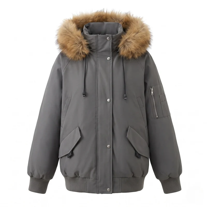Damen kurze thermisch isolierte Kapuzenparka im boxy Schnitt mit abnehmbarem Kunstfellbesatz und multifunktionalen Taschen