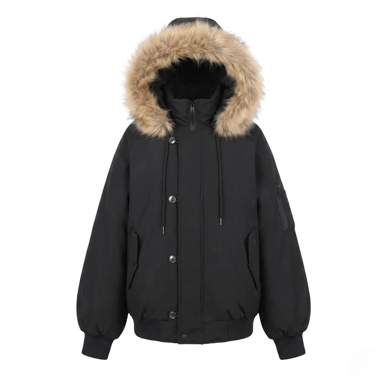 Damen kurze thermisch isolierte Kapuzenparka im boxy Schnitt mit abnehmbarem Kunstfellbesatz und multifunktionalen Taschen