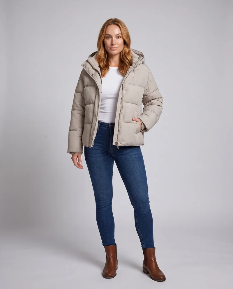 Damen kurze ultra-leichte Stadt-Pufferjacke mit ergonomischer Kapuze, Zwei-Wege-Reißverschluss und versteckten Seitentaschen