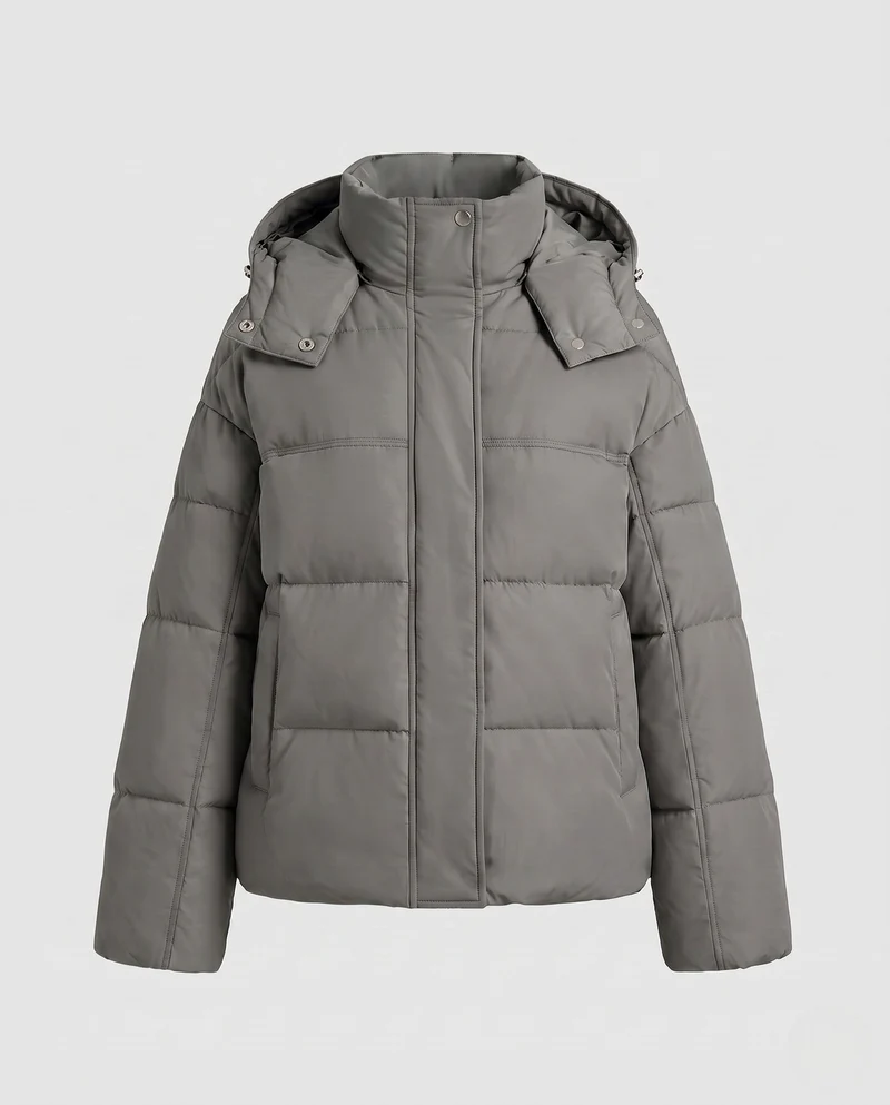 Damen kurze ultra-leichte Stadt-Pufferjacke mit ergonomischer Kapuze, Zwei-Wege-Reißverschluss und versteckten Seitentaschen