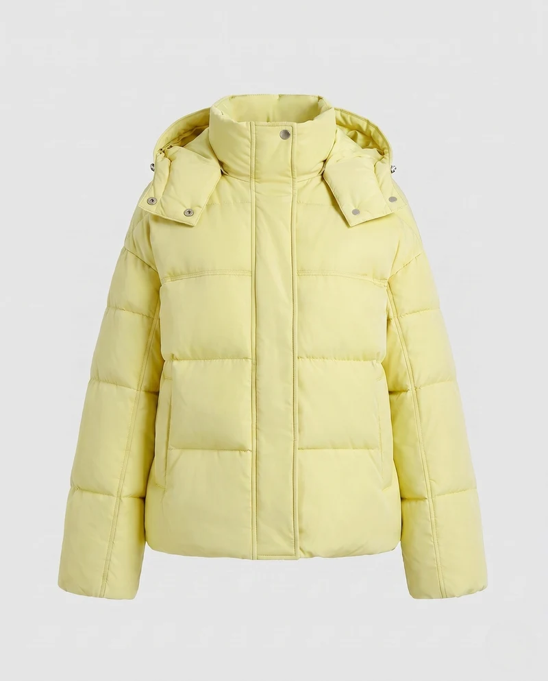 Damen kurze ultra-leichte Stadt-Pufferjacke mit ergonomischer Kapuze, Zwei-Wege-Reißverschluss und versteckten Seitentaschen