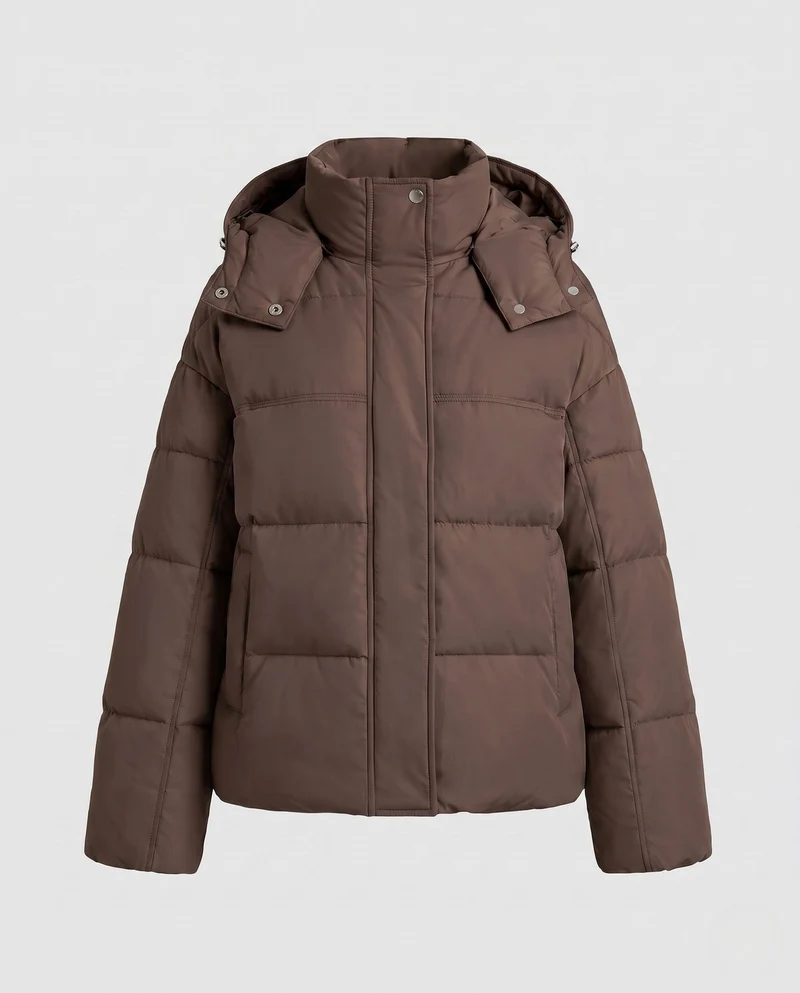 Damen kurze ultra-leichte Stadt-Pufferjacke mit ergonomischer Kapuze, Zwei-Wege-Reißverschluss und versteckten Seitentaschen