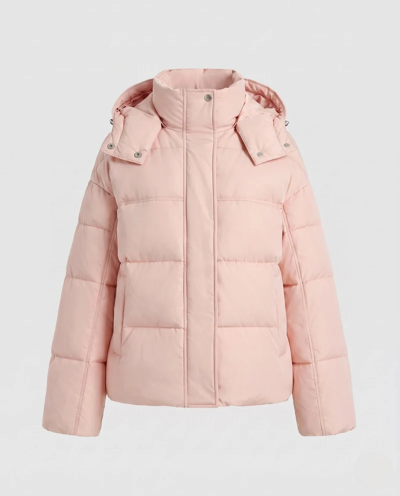 Damen kurze ultra-leichte Stadt-Pufferjacke mit ergonomischer Kapuze, Zwei-Wege-Reißverschluss und versteckten Seitentaschen