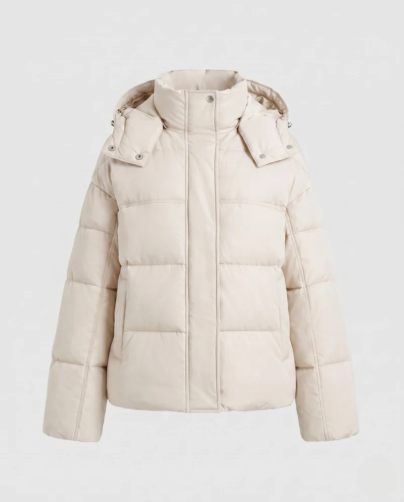 Damen kurze ultra-leichte Stadt-Pufferjacke mit ergonomischer Kapuze, Zwei-Wege-Reißverschluss und versteckten Seitentaschen