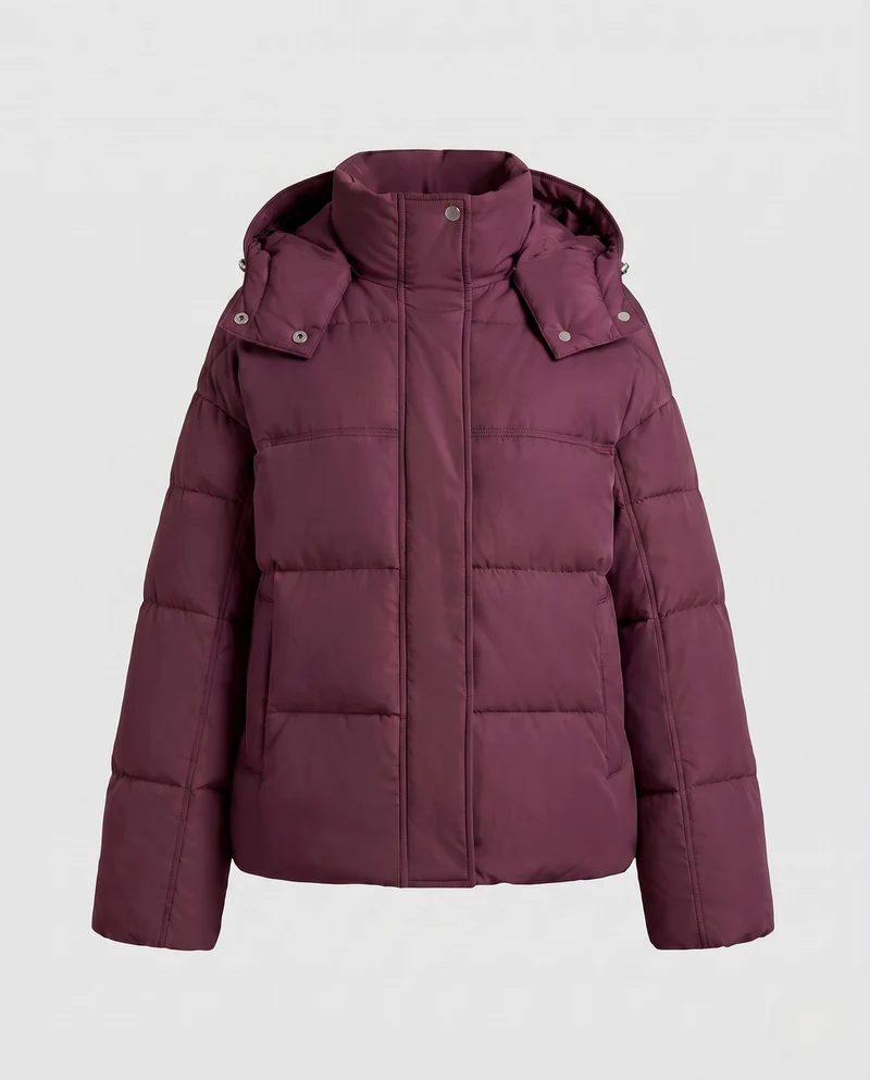 Damen kurze ultra-leichte Stadt-Pufferjacke mit ergonomischer Kapuze, Zwei-Wege-Reißverschluss und versteckten Seitentaschen