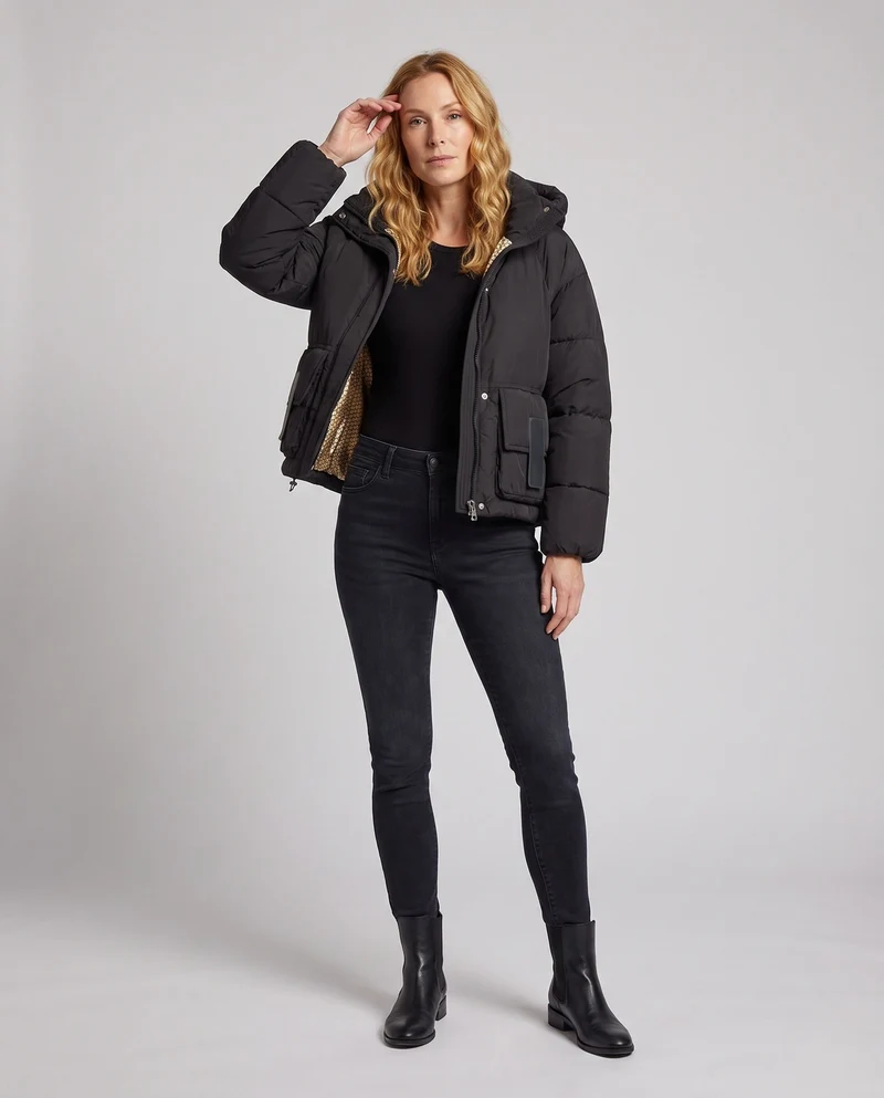 Damen nan kürzere voluminöse Pufferjacke mit überlappendem Stehkragen und großen Klappenpatchtaschen