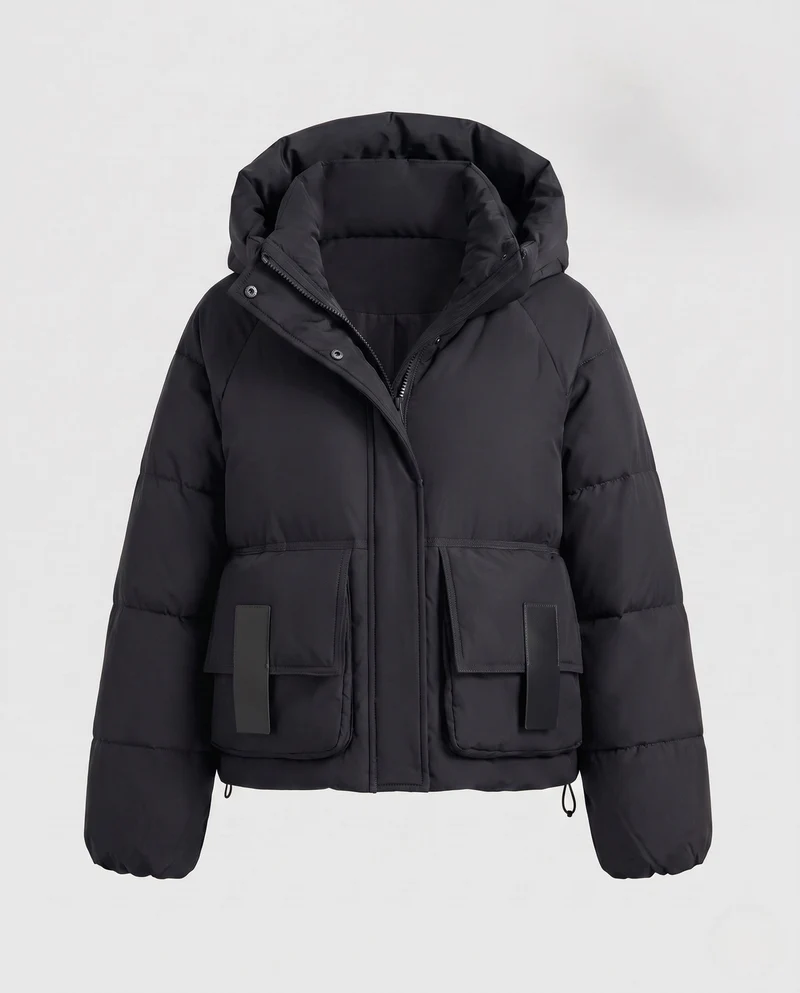 Damen nan kürzere voluminöse Pufferjacke mit überlappendem Stehkragen und großen Klappenpatchtaschen