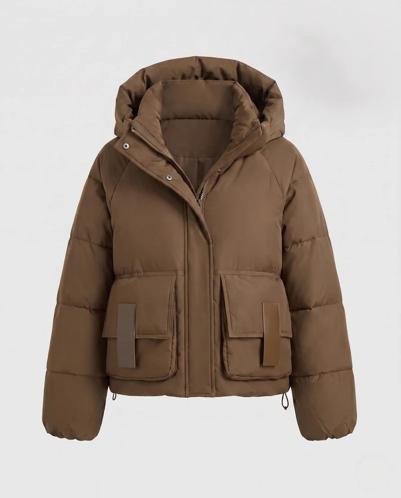 Damen nan kürzere voluminöse Pufferjacke mit überlappendem Stehkragen und großen Klappenpatchtaschen