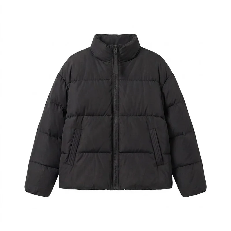 Damen kurze voluminöse gepolsterte Jacke mit hohem Schalkragen, Zwei-Wege-Reißverschluss und verdeckten Seitentaschen