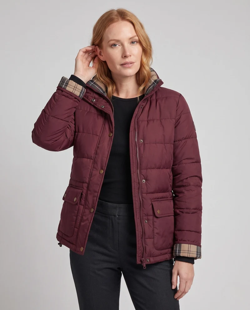 Damen kurze gepolsterte Boxy-Blouson mit kariertem Futter, hohem Kragen und aufgesetzten Klappentaschen