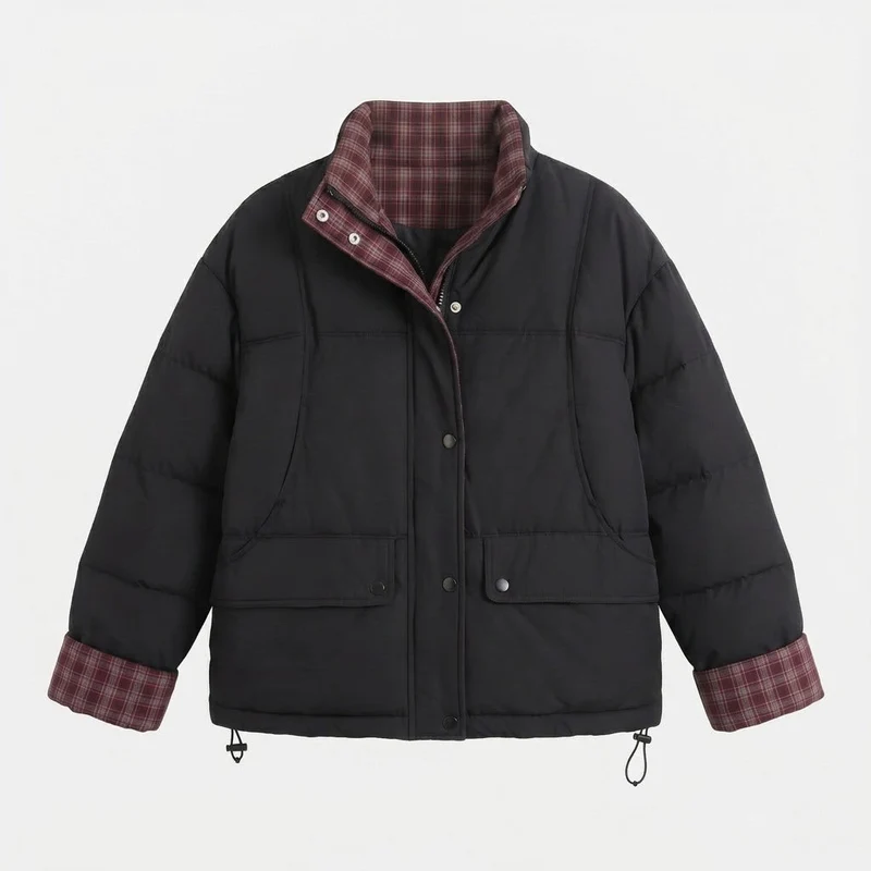 Damen kurze gepolsterte Boxy-Blouson mit kariertem Futter, hohem Kragen und aufgesetzten Klappentaschen