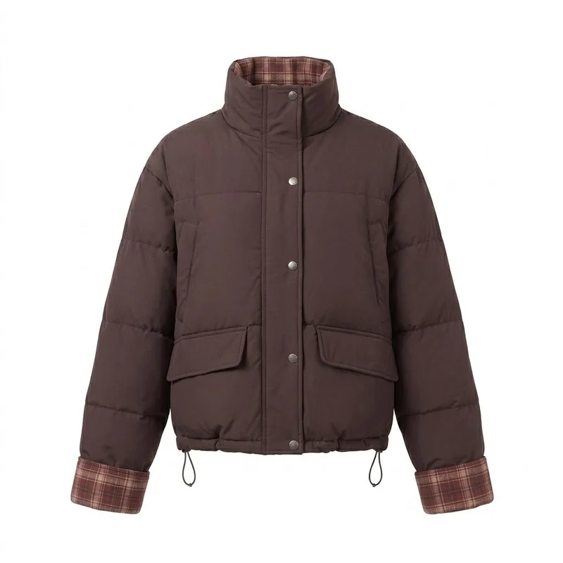 Damen kurze gepolsterte Boxy-Blouson mit kariertem Futter, hohem Kragen und aufgesetzten Klappentaschen