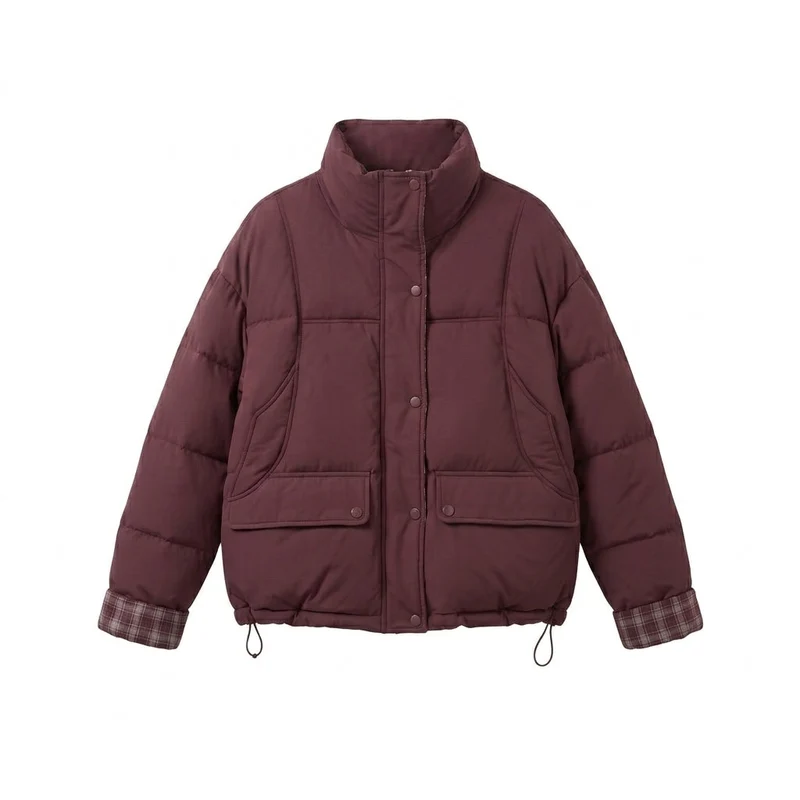 Damen kurze gepolsterte Boxy-Blouson mit kariertem Futter, hohem Kragen und aufgesetzten Klappentaschen