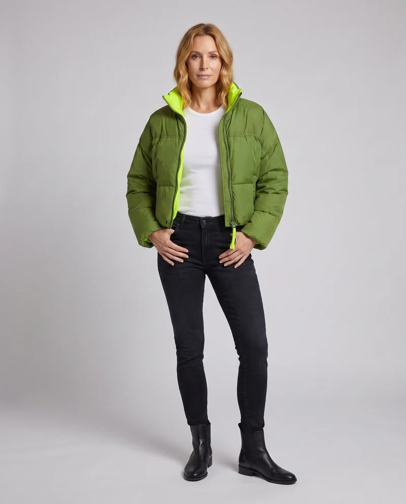 Damen kurze gepolsterte boxy Pufferjacke mit zweilagigem Stehkragen und verdecktem Reißverschluss.