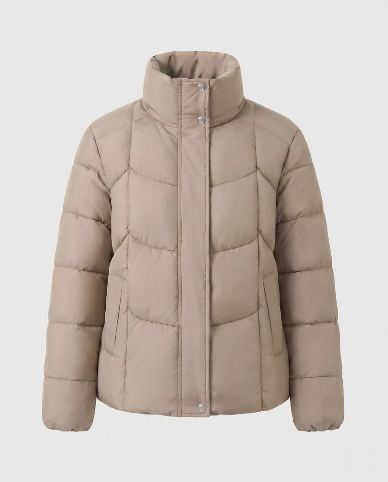Damen kurze gepolsterte Stadt-Pufferjacke mit diskretem zweifachem Frontreißverschluss und ergonomischer Steppung