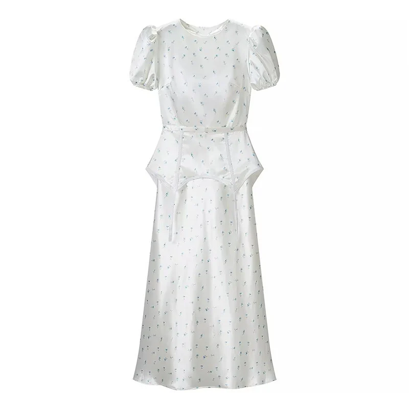 Damen Midikleid aus Satin mit Puffärmeln, integrierter Korsagen-Peplum und zartem Blumenprint Drune