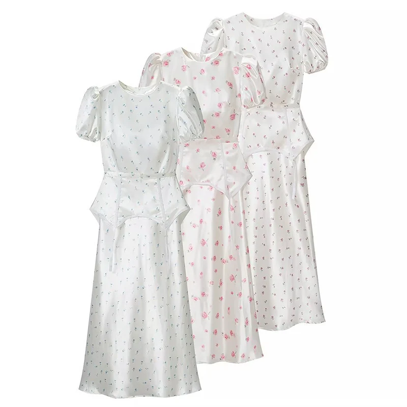 Damen Midikleid aus Satin mit Puffärmeln, integrierter Korsagen-Peplum und zartem Blumenprint Drune