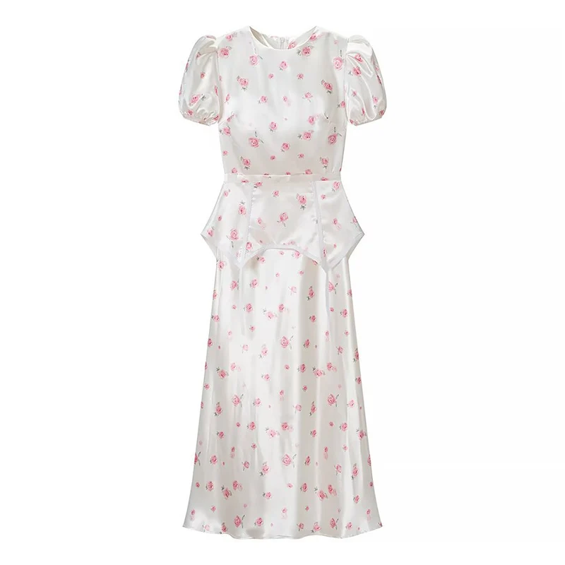 Damen Midikleid aus Satin mit Puffärmeln, integrierter Korsagen-Peplum und zartem Blumenprint Drune