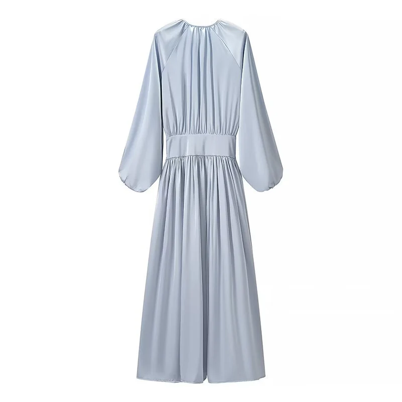 Damen Midaxi-Kleid aus Satinoptik mit geraffter Taillenblende und voluminösen Ballonärmeln Drune