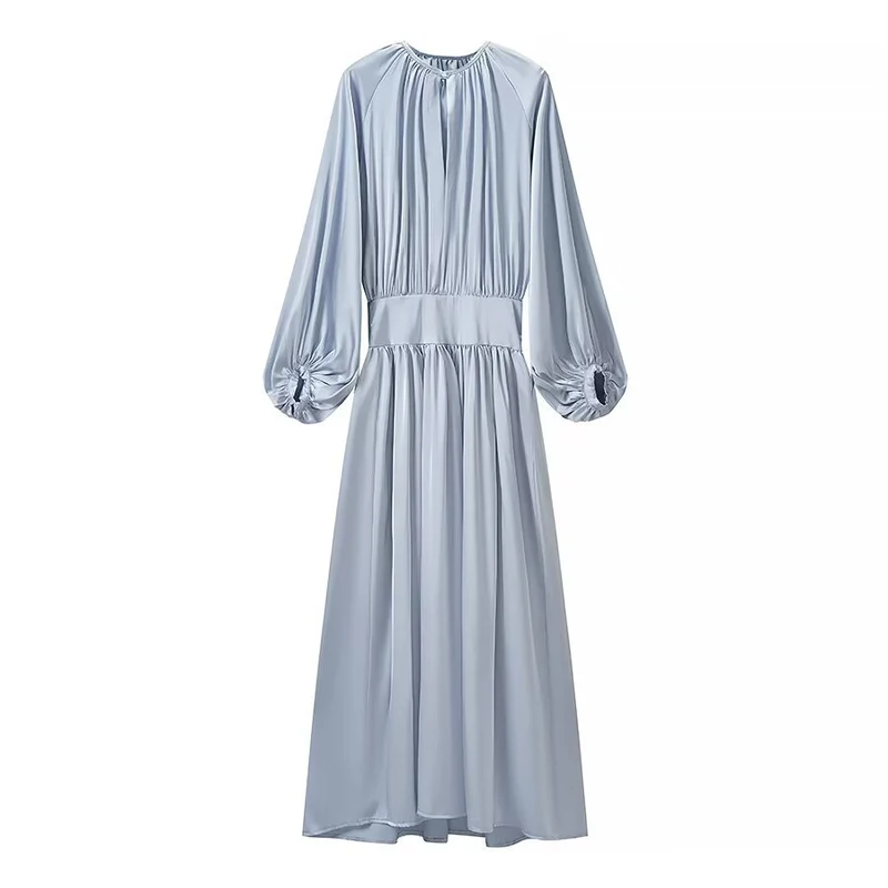 Damen Midaxi-Kleid aus Satinoptik mit geraffter Taillenblende und voluminösen Ballonärmeln Drune