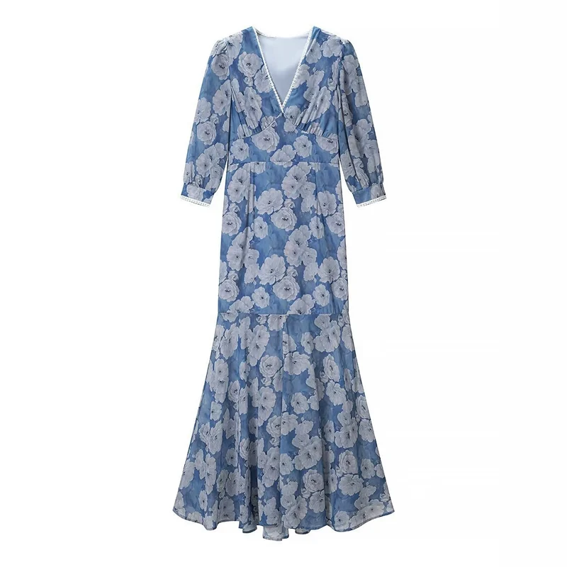 Damen Maxikleid mit V‑Ausschnitt, Empire‑Schnitt und floraler Chiffonoptik Drune